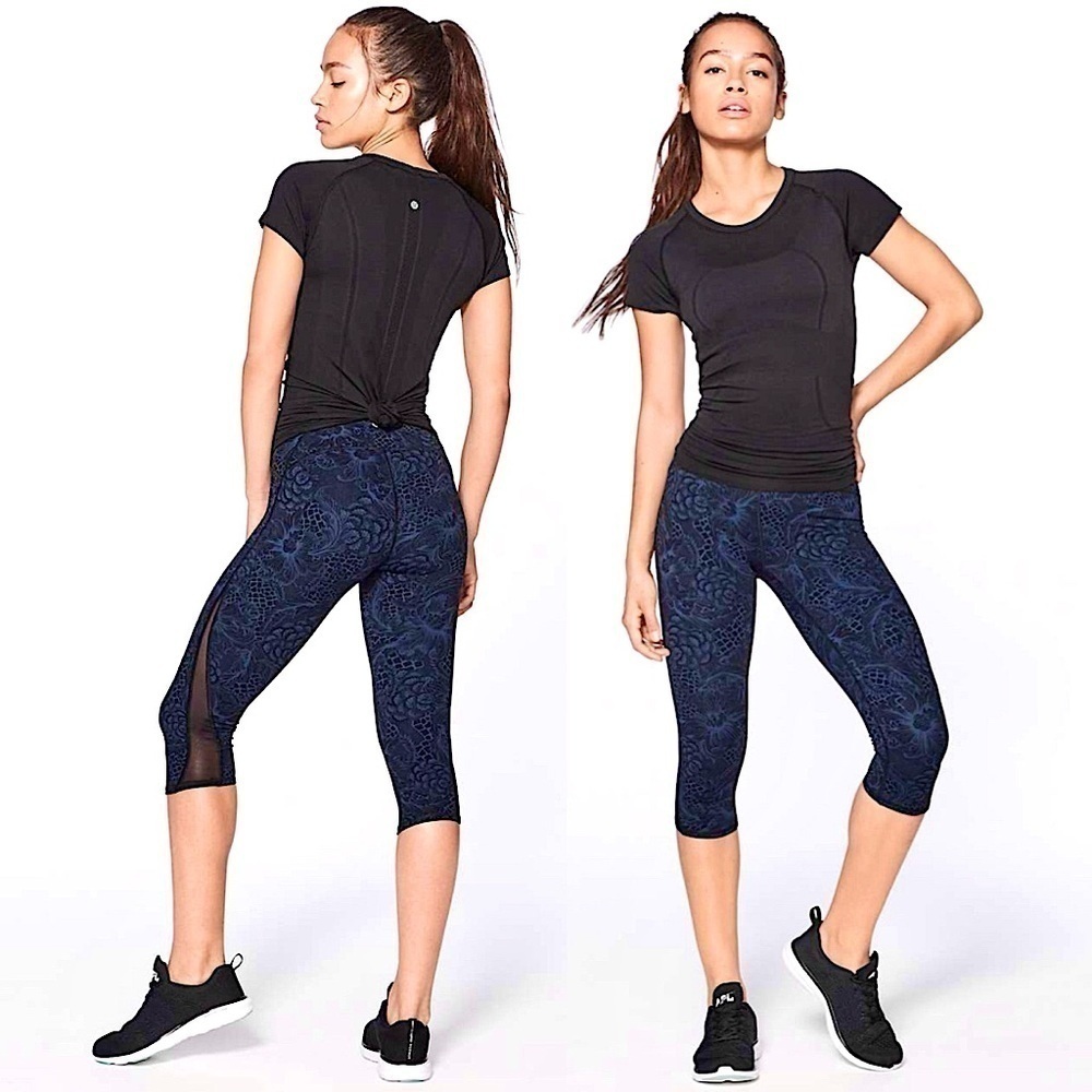 Lululemon Train Times High Rise Mesh Crop 17" in Nouveau Mach Blue Black Sz 4